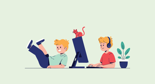 Two young boys relaxing in a room with a computer while a ginger cat sits on top of the monitor during their leisure time.