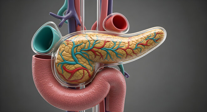 Detailed anatomical model of human pancreas showing vascular structure in transparent shell.