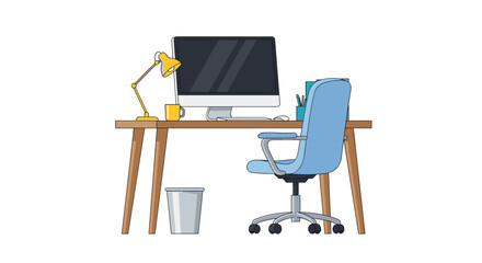 Fototapeta premium Clean and modern empty office workspace with a wooden desk, computer, blue chair, lamp, and trash bin against a white background.