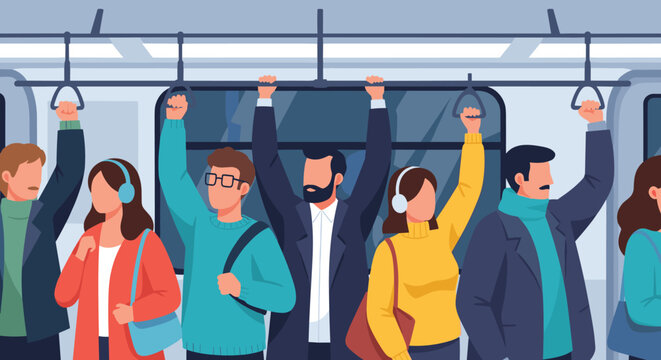 Group of diverse commuters standing and holding handles inside a moving subway train or bus during a busy morning rush hour.