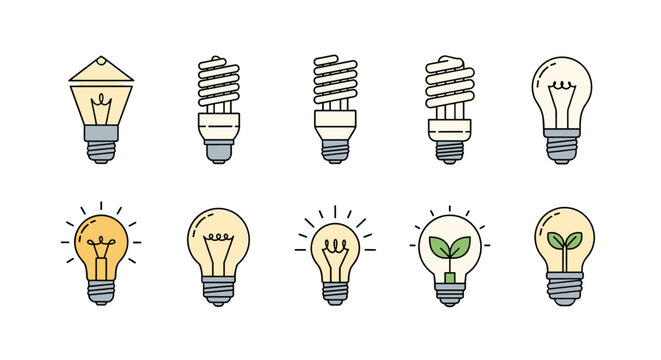 Set of diverse light bulb icons including classic, halogen, spiral energy saving, and eco friendly bulbs with green leaves.
