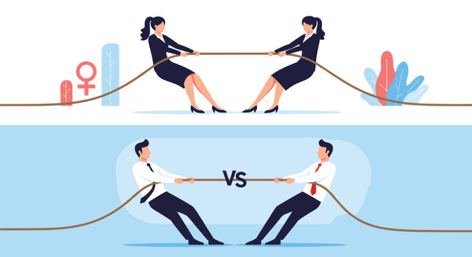 Competitive group of business people divided by gender engaged in a tug of war game over a blue and white background.