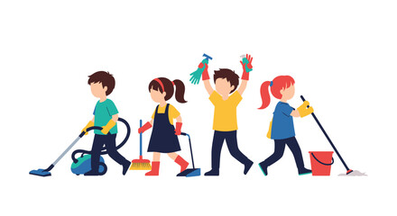 Fototapeta premium Group of diverse children works together happily on various cleaning chores including vacuuming, sweeping, and mopping.