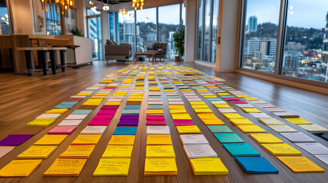 Rows of beta testing feedback forms spread across a conference room floor, one founder kneeling to arrange them by category, overcast afternoon light from tall windows, perfect for