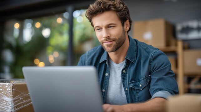 Bootstrapped founder cutting costs by repackaging products at a kitchen table covered in bubble wrap and shipping labels, spring daylight streaming through a window, ideal for self