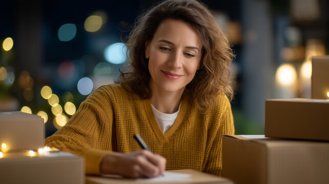 Bootstrapped business owner handwriting every shipping label on a stack of one hundred orders spread across a living room floor, warm evening light, candid exhaustion visible, perf