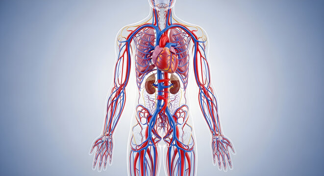 Full human body anatomy displaying heart kidneys and major blood vessels in 3d overview.