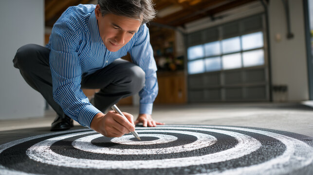 Founder drawing a large bullseye target on garage floor in chalk with customer segments written in each ring, spring afternoon light from an open overhead door, ideal for product m