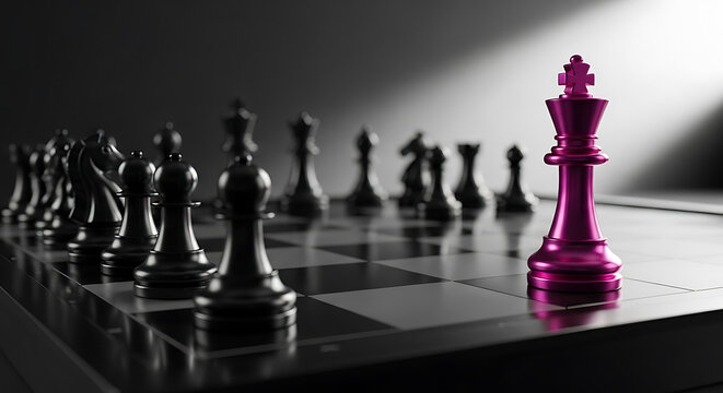 chess pieces arranged on a board with a pink queen in focus