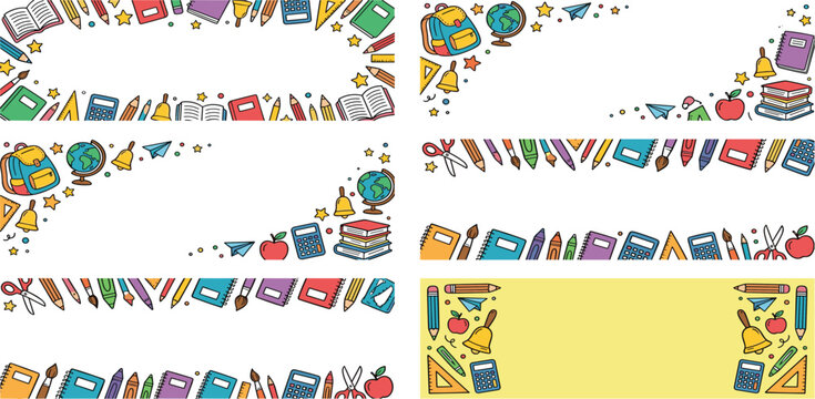 Colorful school education banner frames and borders set with hand drawn student supply doodle elements