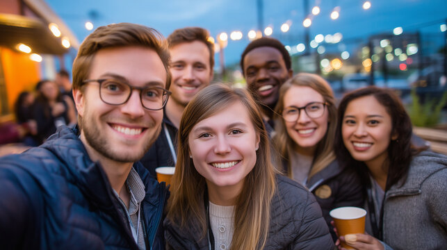 Startup team celebrating a first paying customer by taking a group selfie on a garage stoop at twilight, blue hour sky above, champagne in paper cups, genuine unposed joy, perfect