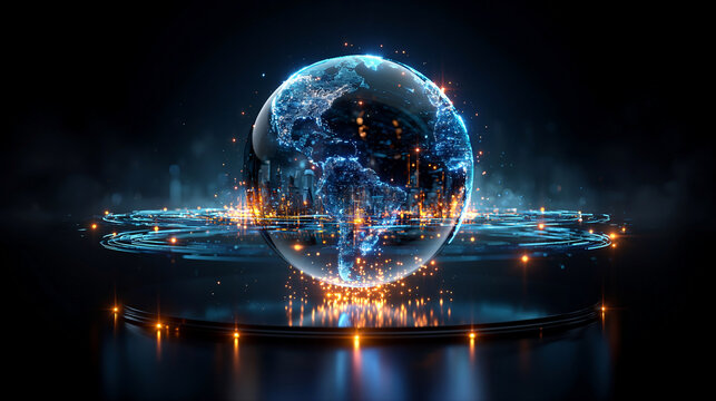 Abstract glowing earth with purple energy network futuristic digital technology concept