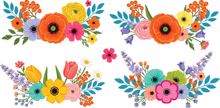 Vibrant floral arrangements in four quadrants with colorful flowers and leaves on white background