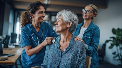 Obraz premium Medical professional uses a stethoscope to examine an elderly woman while a companion looks on.