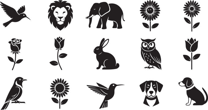 A collection of black animal and bird silhouettes in a simple cartoon vector style including cat dog rabbit owl and bear icons suitable for design logos and halloween themes