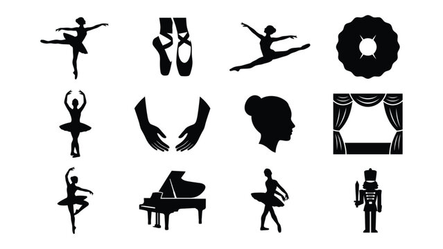 Black and white ballet and dance icons collection