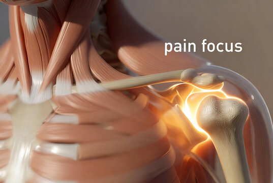 An anatomical rendering of the shoulder joint, highlighting pain and inflammation around the rotator cuff tendons.
