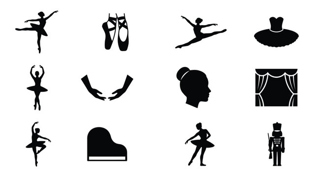 Black and white ballet and theater icons set