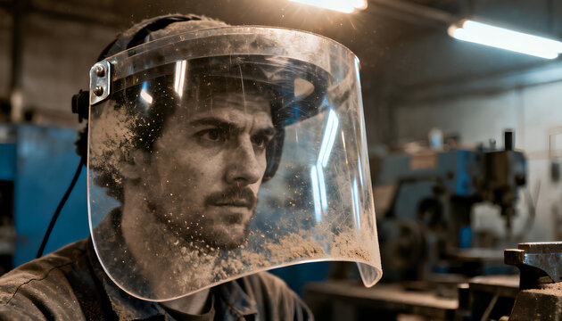 Curved plexiglass with dust showing a worker's face all warped and wrong one eye larger than normal mouth stretched wide dust covering the view