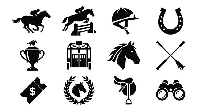Black and white equestrian icons set flat design