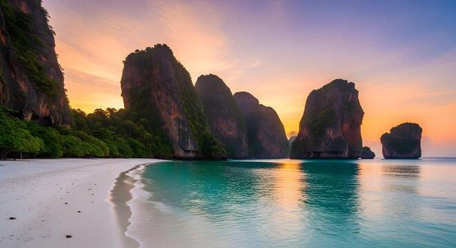 Dramatic sunset over tropical islands and turquoise waters a serene beachscape