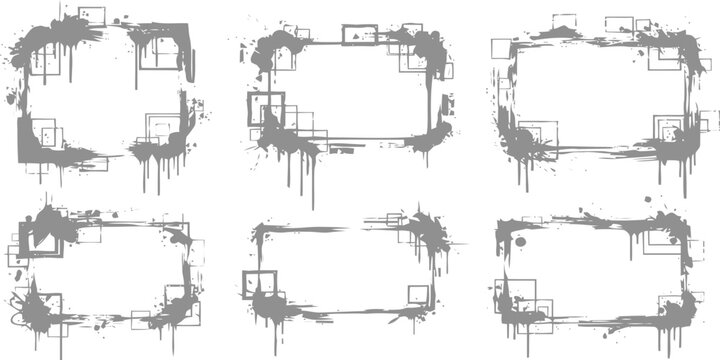 Six rectangular ink splatter frames with geometric box accents in distressed grunge style for artistic design projects and creative photography overlay compositions