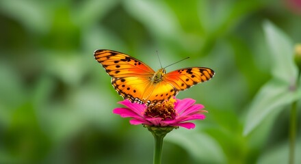 Obraz premium Vibrant orange butterfly resting on a pink zinnia flower a beautiful nature scene