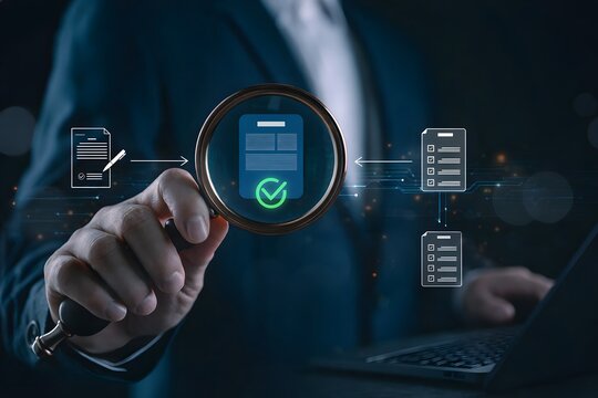 Business professional reviewing and approving digital documents with magnifying glass interface, representing document verification, approval workflow, DMS system, compliance audit, process control.