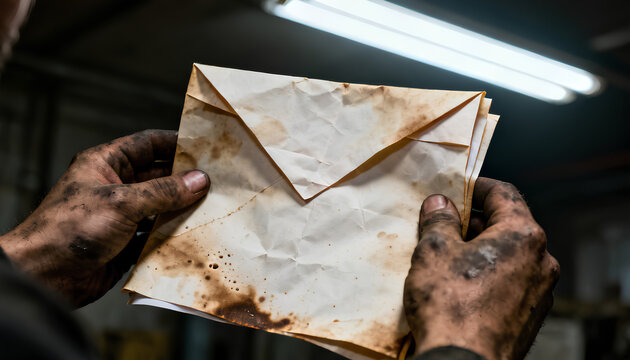 Grease-stained worn hands gripping a beat-up crumpled document with coffee marks and soft edges and small visible scars
