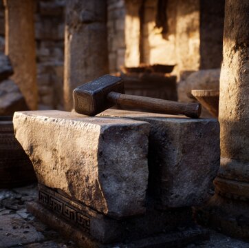 A heavy hammer resting on an anvil beside a large stone that is almost split in half, visible cracks forming, dim ancient Greek workshop, dust in the air, cinematic lighting