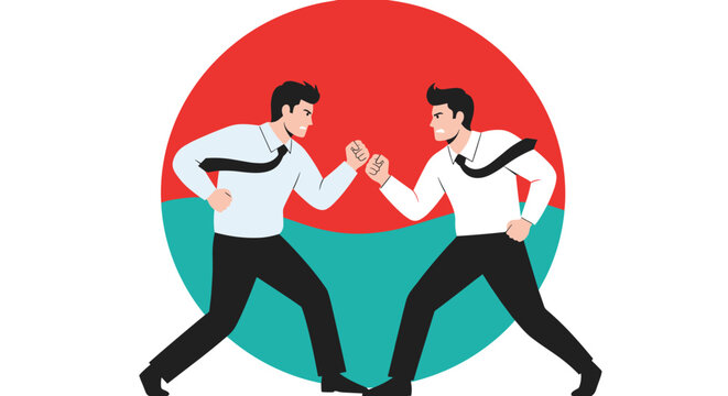 Two angry business rivals in white shirts and black ties face each other in a fighting stance over a dual colored background.