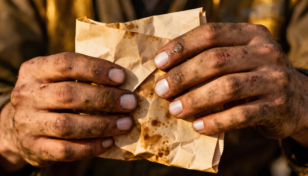 A pair of dirty greasy hands holding a beat-up paper with coffee stains and crease marks and little scars you can see