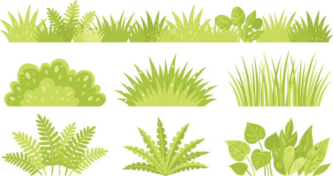 Green Grass and Bush Set with Lawn Borders, Leaves, Ferns and Decorative Plants for Nature Landscape Design and Garden Vector Illustration