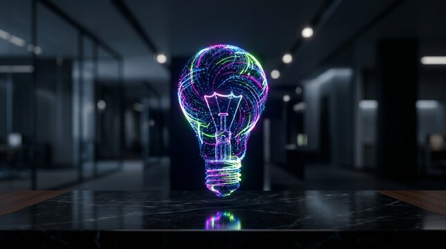 Premium 3D render of a floating glass lightbulb with glowing neon energy lines inside on a marble desk in a modern dark office representing bright ideas and innovation