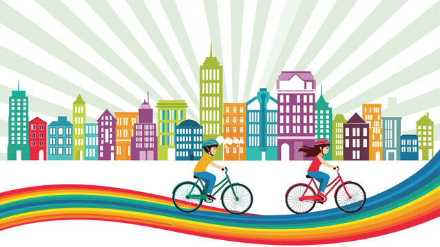 Two young children ride their bicycles along a vibrant rainbow path against a colorful city skyline background under a bright sunlit sky.