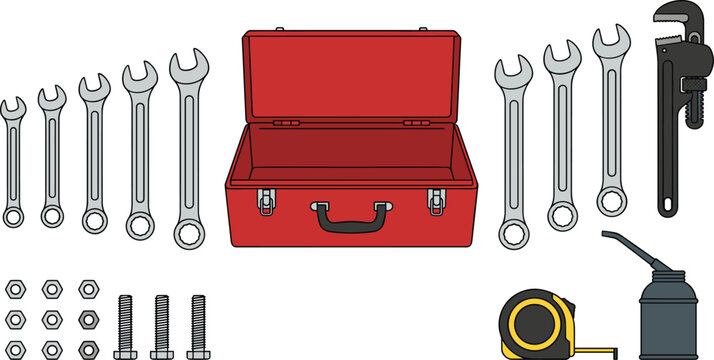 Mechanical Tool Kit with Wrenches, Adjustable Pipe Wrench, Oil Can, Measuring Tape, Nuts, Bolts and Toolbox for Repair and Maintenance Vector Illustration