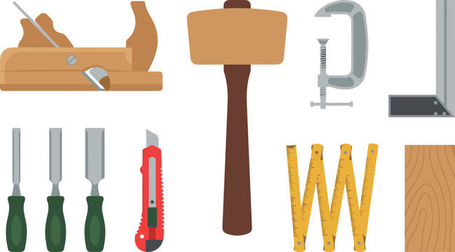 Carpentry Tools Set with Hammer, Chisels, Measuring Ruler, Wood Plane, Clamp and Cutter for Woodworking and Construction Vector Illustration