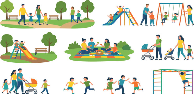 Vector set of families and children playing in park playground for community and healthy lifestyle