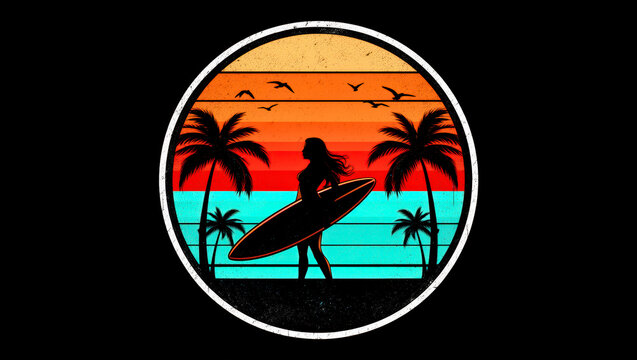 playa, silueta, atardecer, sol, surfista, mujer, mar, verano, vector, la palma, ilustraci&oacute;n, &aacute;rbol, gente, par, tropical, cielo, amor, naturaleza, paisaje, vacaciones, acu&aacute;tico, oce&aacute;no, viajando, fami