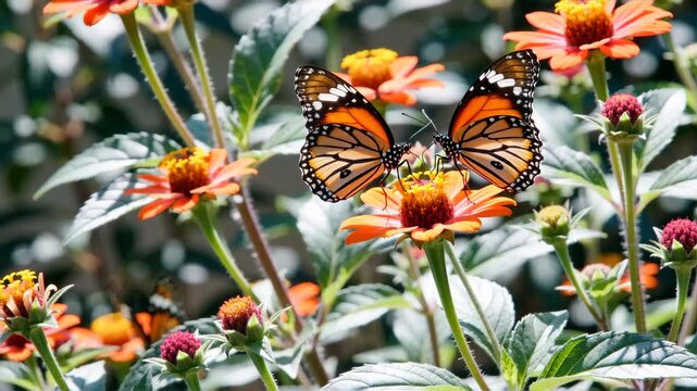 Two monarch butterflies feeding on orange zinnia flowers, pair of colorful insects pollinating blooms in sunny garden, vibrant floral scene, concept of ecology, floristry