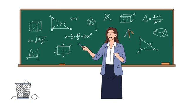 Professional female teacher standing in front of chalkboard covered in complex mathematical formulas and geometric shapes during school lesson.