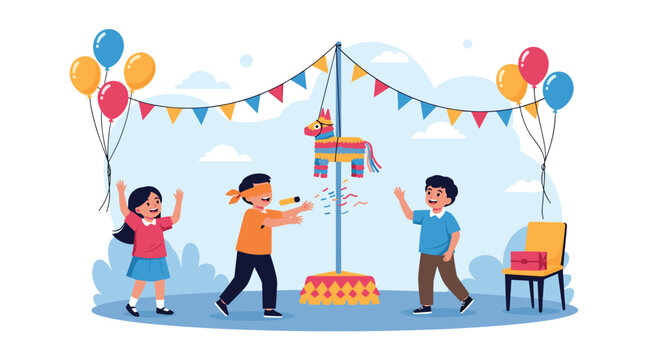 Group of happy children wearing blindfolds and playing with a colorful horse piata at a festive outdoor birthday party.
