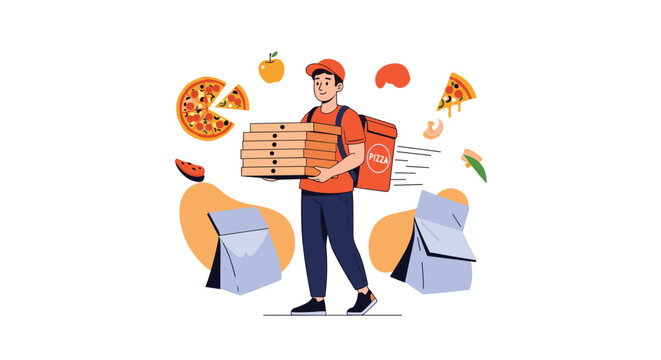 Pizza delivery courier in an orange uniform carrying a tall stack of boxes with delicious floating pizza slices around.