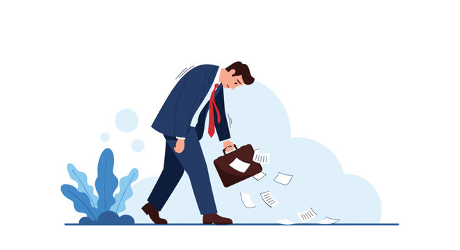 Sad businessman looking down while walking away and accidentally losing white papers from his open brown briefcase.