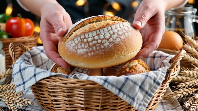 Hands holding freshly baked bread loaf in rustic basket, warm bokeh kitchen background