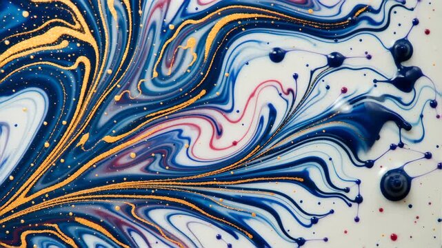 Fluid art animation of liquid indigo and rose gold paint colliding, marble-like tendrils branching elegantly