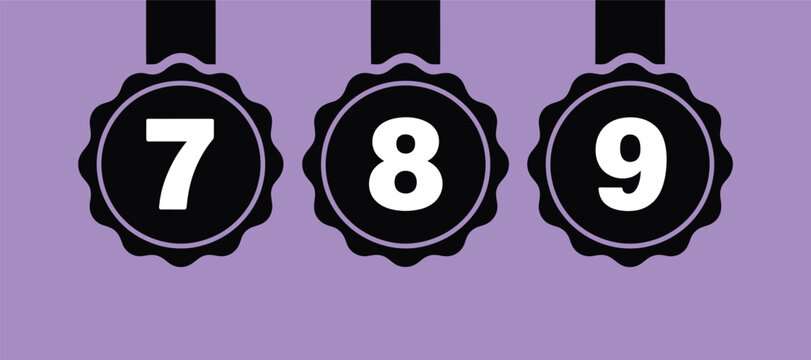 Numbers seven eight and nine in black circular labels with ribbons