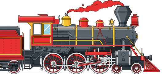 Vintage steam locomotive train with red and black engine in detailed railway vector illustration © Prodip