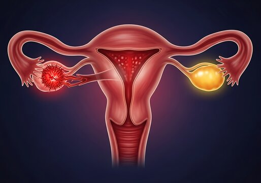 Anatomical illustration of a human female reproductive system with ovary and fallopian tubes  medical education