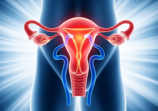 Anatomical illustration of a human female reproductive system including uterus and ovaries